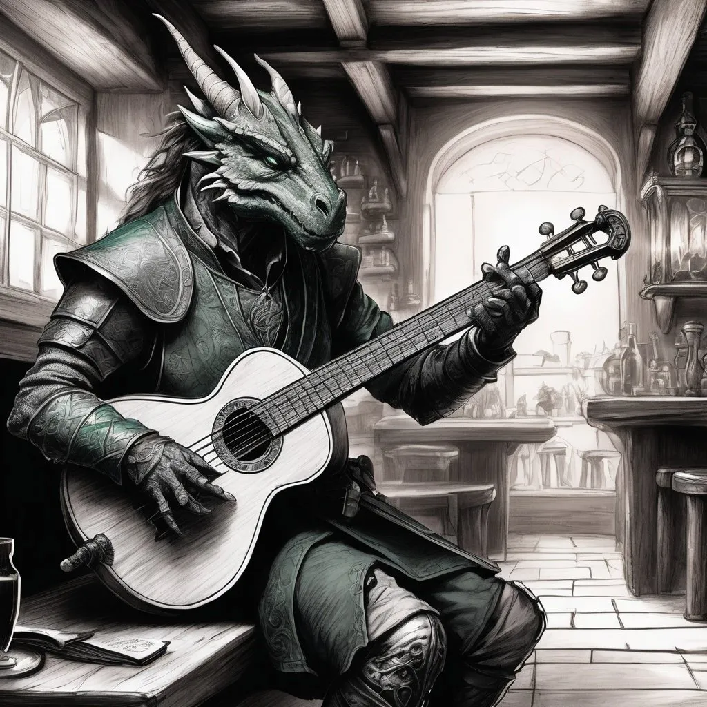 Prompt: Detailed sketch of a male emerald dragonborn adventurer playing a lute in a fantasy tavern, intricate scales and features, musical performance, high quality, fantasy, detailed sketch, emerald dragonborn, male, bard, violin, fantasy setting, intricate scales, musical performance, detailed features, professional, atmospheric lighting