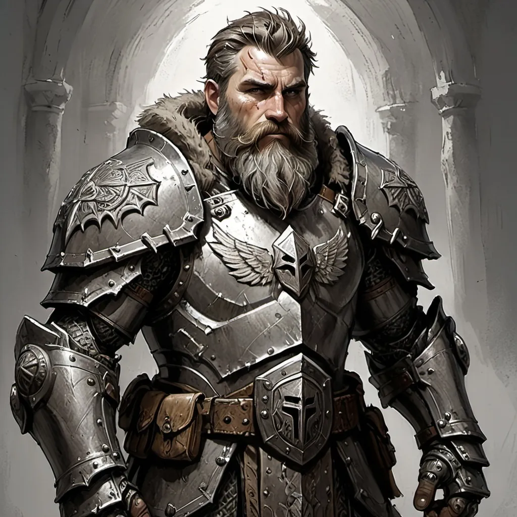 Prompt: (rough sketch), grizzled veteran paladin, bearded with short to medium hair, showcasing multiple scars, powerful posture,  adorned with a shield featuring an elaborate holy symbol, intricate detailing on armor, dramatic contrasts of light and shadow, atmospheric, gritty surroundings, portraying a sense of rugged valor, ultra-detailed.