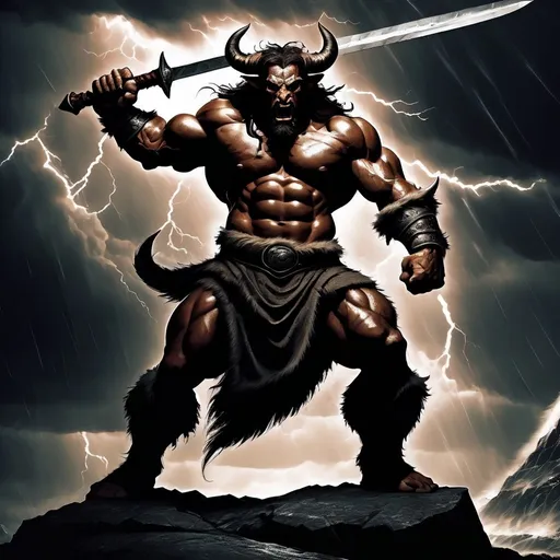 Prompt: Storm giant-inspired minotaur barbarian wielding a greatsword, stormy weather, epic battle stance, high contrast, detailed fur and muscles, fierce expression, dynamic lighting, high quality, fantasy, mythical creature, intimidating, atmospheric lighting, stormy weather, powerful, intense, dramatic, clothed