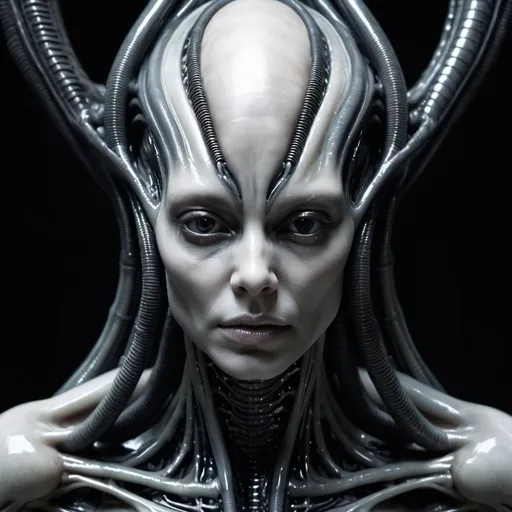 Prompt: Half human and half Alien realistic being, based on the art H.Giger , futuristic, evil look , pure horror