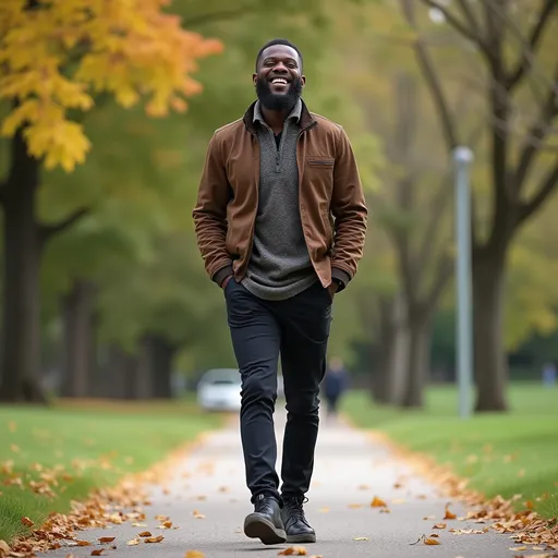 Prompt: A black man confidently walking in the park.