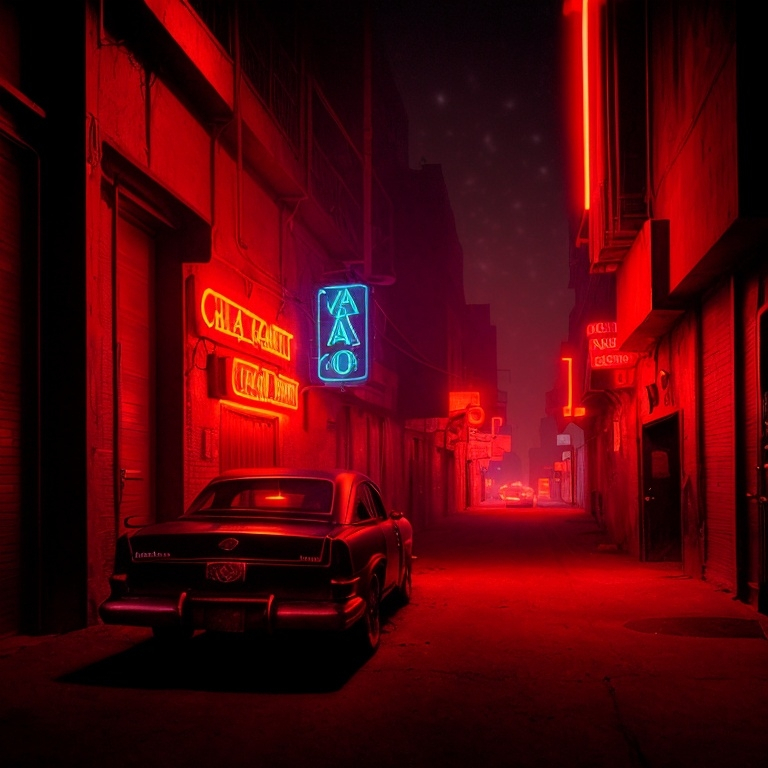 Prompt: a dark alley with a car parked on the side of it at night time with a few neon signs on the buildings, american scene painting, neon red lighting, a matte painting