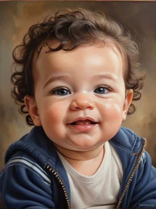 Prompt: Detailed, realistic oil painting of a handsome 9-month-old baby boy named Soulaimane, chubby cheeks, bright and curious eyes, soft and smooth skin, adorable smile, curly dark hair, vibrant colors, warm lighting, high quality, realistic, oil painting, chubby cheeks, bright eyes, adorable smile, vibrant colors, warm lighting