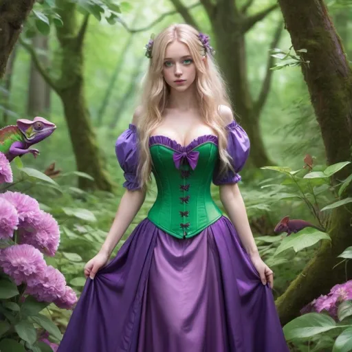 Prompt: A blonde girl with very long hair, green eyes, freckles on her face, wearing a purple corset, purple puffy sleeves, and a long purple skirt. There was a green chameleon perched on her shoulder. Standing in the middle of a forest surrounded by flowers and trees.