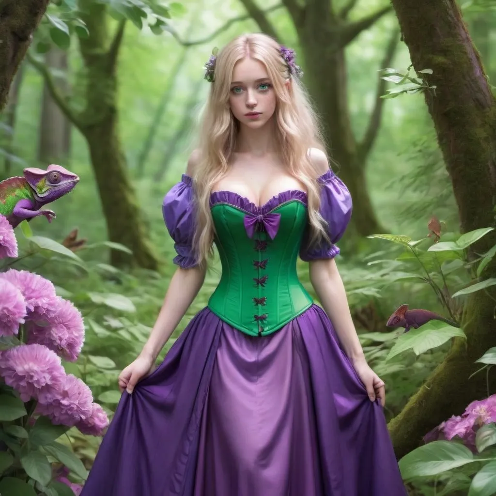 Prompt: A blonde girl with very long hair, green eyes, freckles on her face, wearing a purple corset, purple puffy sleeves, and a long purple skirt. There was a green chameleon perched on her shoulder. Standing in the middle of a forest surrounded by flowers and trees.