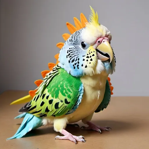 Prompt: A cream coloured budgie wearing a dinosaur costume