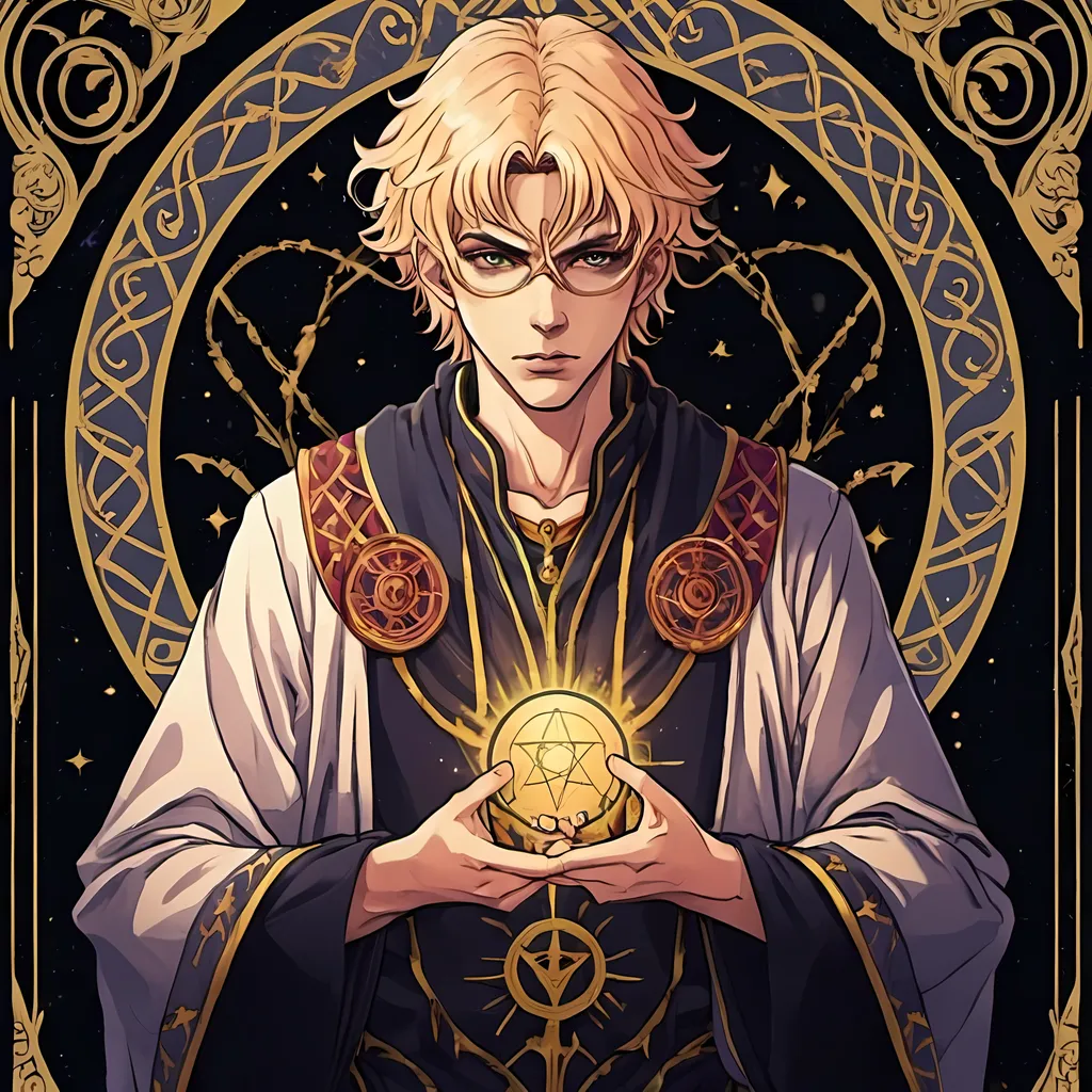 Prompt: tarot card Anime, Man  knower  logo
