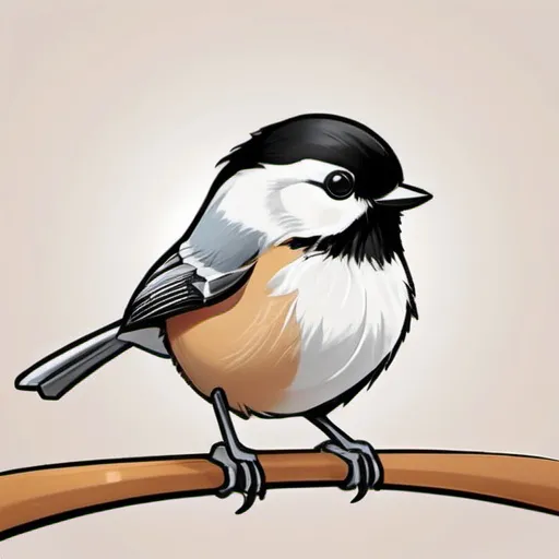 Prompt: draw a cartoon chickadee. The eyes should be soft and inviting, even cute. The beak should have the hint of a smile. The bird is very friendly and is almost smiling. the beak is slightly open
