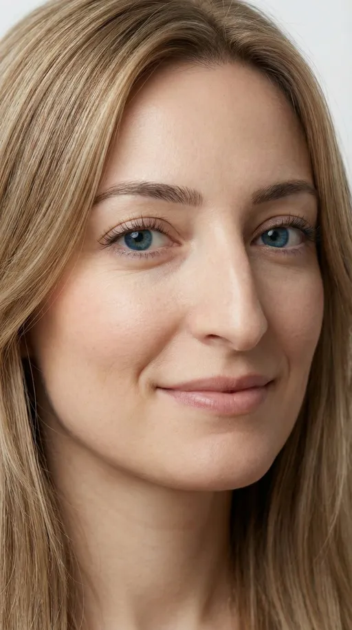 Prompt: Ultra-photorealistic close-up portrait of a human female model, exact facial identity preserved from the reference image, natural skin texture with visible pores, subtle realistic micro-freckles, light blue eyes with deep natural iris detail, honey-blonde straight hair with soft natural shine framing the face, realistic eyebrow density matching hair color, natural eyelashes, subtle natural makeup, healthy lifelike complexion, true human facial proportions, studio-grade realism, extremely sharp focus, high dynamic range, real camera optics, natural color science, physically accurate soft lighting, true-to-life skin tones, clean artifact-free rendering, authentic human appearance without artificial enhancement or stylization.
Pose & framing:
Head-and-face only portrait, face turned approximately 45 degrees to the camera, one side slightly closer to the lens, eyes directed naturally toward the camera, relaxed confident expression with a soft natural smile, tight framing from top of head to just below the chin, body not visible, shoulders and torso out of frame, composition focused entirely on facial features, silhouette of the face clearly defined, hair naturally draping around the face, soft daylight illumination with gentle realistic shadows, professional studio portrait realism, balanced clean background, premium commercial portrait quality, ultra-realistic headshot photography suitable for high-end fashion and beauty use.