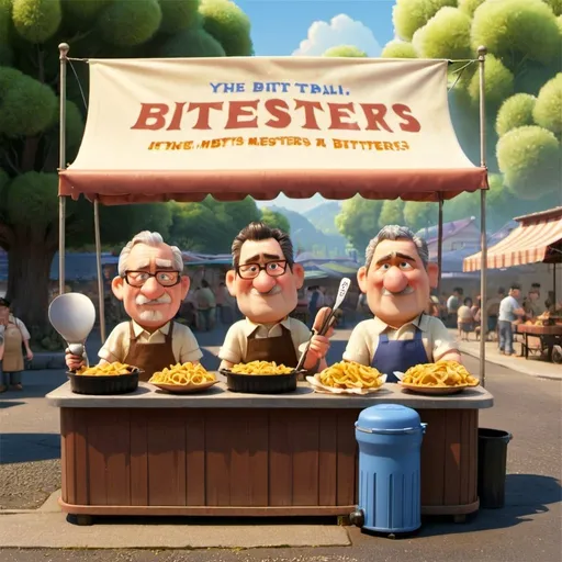 Prompt: Create a landscape picture of 3 middle-aged men using airfryers, frying round brown snacks at a stall with a banner that says: "BitterBallenMeesters"
