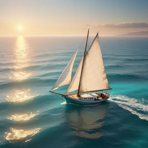 Prompt: Old sailboat gently drifting on a tranquil sea, (vibrant turquoise waves), soft white sails full of breeze, warm golden sunlight illuminating the scene, serene and peaceful atmosphere, distant horizon with a hint of sunset colors, (high detail), captures a sense of nostalgia and adventure, perfect for a maritime theme, (4K), beautifully composed in harmony with nature.