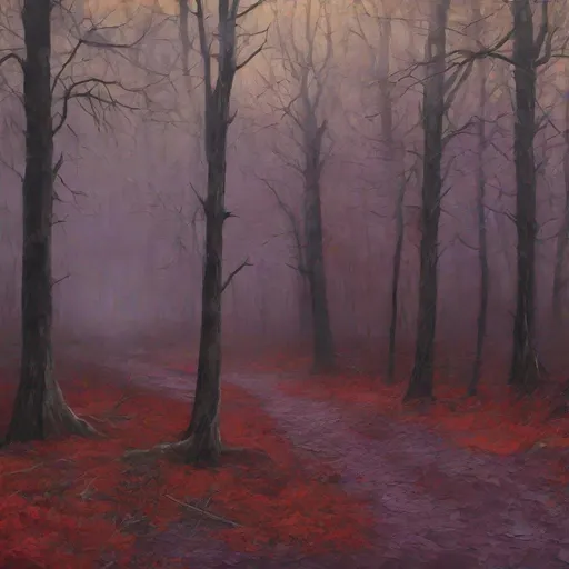 Prompt: Dark, mysterious painting of a haunting forest, rich red and purple color scheme, eerie fog, detailed shadows and highlights, oil painting, haunting atmosphere, high texture, gothic, realistic, moody lighting, forest scene, professional, 4k, detailed, haunting, dark tones, eerie atmosphere