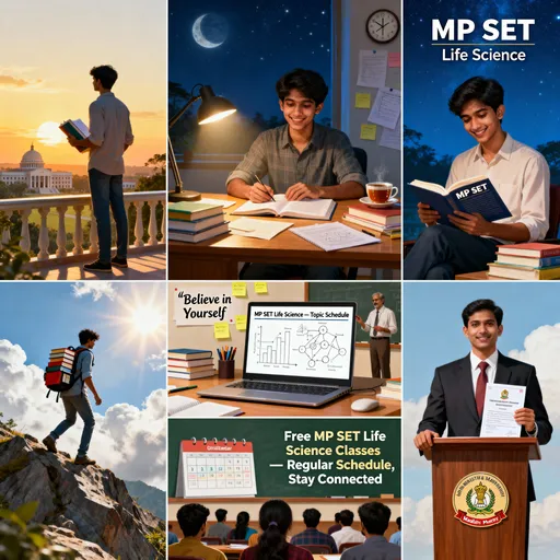 Prompt: A young aspirant standing on a balcony at sunrise, looking at a distant university building symbolizing her dream of becoming an Assistant Professor in Madhya Pradesh. Books and notes in her hands, with the soft golden glow of morning light symbolizing hope and ambition.
The same aspirant studying late at night under a desk lamp, surrounded by notes, textbooks, and a cup of tea. A clock shows midnight. The expression is focused and determined, representing the hard work and long hours needed to crack the exam.
The student smiling while reading Life Science notes labeled “MP SET”. Bright daylight through the window, neat study setup, sticky notes, and a motivational quote on the wall like “Believe in Yourself.”
A student sitting in front of a laptop attending an online coaching session. On screen: “MP SET Life Science — Topic Schedule.” The teacher explains with diagrams and a timetable visible on the board.
Symbolic scene — the aspirant climbing a large mountain with books in a backpack, sunlight breaking through clouds, representing that motivation and hard work can break even big barriers.
A poster-style scene showing a digital calendar and a group of students attending a free online class. The text “Free MP SET Life Science Classes — Regular Schedule, Stay Connected” can appear naturally in the background.
The same aspirant standing proudly in front of a university podium, wearing formal clothes, holding appointment papers with the Madhya Pradesh emblem. Bright and warm lighting shows success and fulfillment of the dream.
