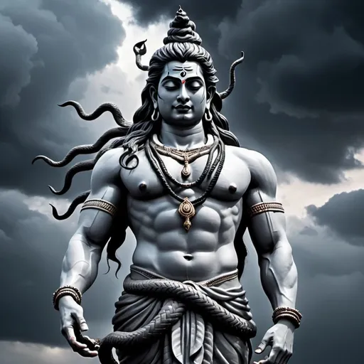 Prompt: The braids are floating in the air very terribly and the whole body is in the form of gray color lord Shiva is standing very gently Snakes are turning on his neck the dark clouds are standing behind him