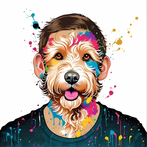 Prompt: Colorful graffiti illustration of a Goldendoodle, paint splashes, vector t-shirt art, white background