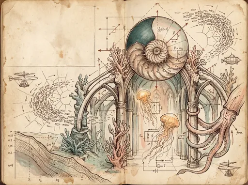 Prompt: A page from Leonardo da Vinci's notebook depicting an impossible underwater cathedral — Gothic arches and
flying buttresses built from coral and whale bone, studied as architectural diagrams with load-bearing
annotations and stress vectors. A colossal nautilus shell serves as the central dome, its logarithmic
spiral cross-sectioned to reveal internal chambers with pressure calculations. Bioluminescent jellyfish
drift through the nave like living chandeliers, their trailing tentacles diagrammed as electrical circuit
schematics with current flow arrows. Schools of fish move in murmuration patterns mapped with Voronoi
tessellations and velocity field lines. The seafloor around the structure shows geological strata in
cross-section, each layer annotated with density gradients. A giant squid tentacle wraps one column —
studied in anatomical detail like da Vinci's horse legs, with muscle fiber direction and grip force
vectors. Tiny submersible designs float in the margins like his flying machine sketches, but for deep-sea
pressure. The TOP LEFT QUARTER of the page is intentionally left mostly empty — just bare aged parchment
with minimal foxing, no major sketches or drawings, providing clear negative space. All organic elements
have subtle pastel watercolor washes — deep teal water, pale coral pink structures, soft amber
bioluminescence, muted jade on vegetation — while all mathematical overlays, diagrams, circuit lines, and
geometric constructions remain in sharp sepia and burnt umber ink. 80% warm sepia-toned aged parchment. No
written words, no text, no letters, no handwriting — only drawings, geometric constructions, and
mathematical symbols. Flat top-down notebook scan perspective. Bold confident ink strokes with detailed
crosshatching. 4K resolution.