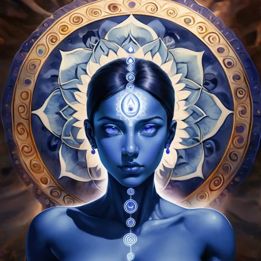 Prompt: Third Eye Chakra (Ajna)
Location: Forehead, between the eyebrows.
Color: Indigo
Element: Light
Function: Governs intuition, wisdom, and perception.
Physical Connection: Brain, eyes, pituitary gland, nervous system.
Imbalance Indicators: Issues with intuition, difficulty concentrating, headaches, vision problems, or feeling disconnected from reality. show hands and full body