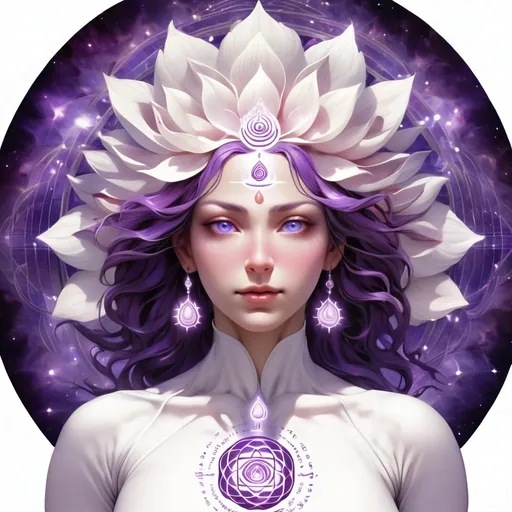 Prompt: Crown Chakra (Sahasrara)
Location: Top of the head.
Color White
Element: Thought or Cosmic Energy
Function: Represents spiritual connection, enlightenment, and transcendence.
Physical Connection: Brain, nervous system, pineal gland. woman standing up
Imbalance Indicators: Feelings of disconnection from spirit, lack of purpose, depression, or sensitivity to light and sound.