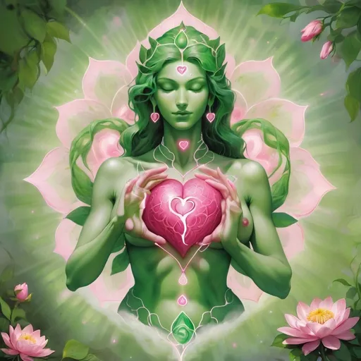 Prompt: Heart Chakra Anahata
Location: Center of the chest, just above the heart.
Color: Green (or pink)
Element: Air
Function: Central to love, compassion, and emotional balance.
Physical Connection: Heart, lungs, circulatory system, arms, hands.