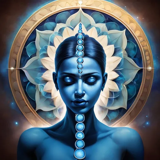 Prompt: Throat Chakra (Vishuddha)
Location: Throat area.
Color: Blue
Element: Ether (Space)
Function: Associated with communication, self-expression, and truth.
Physical Connection: Throat, neck, thyroid, vocal cords, mouth.
Imbalance Indicators: Problems with communication, difficulty expressing oneself, fear of speaking, or physical issues like throat pain, neck stiffness, or thyroid problems.