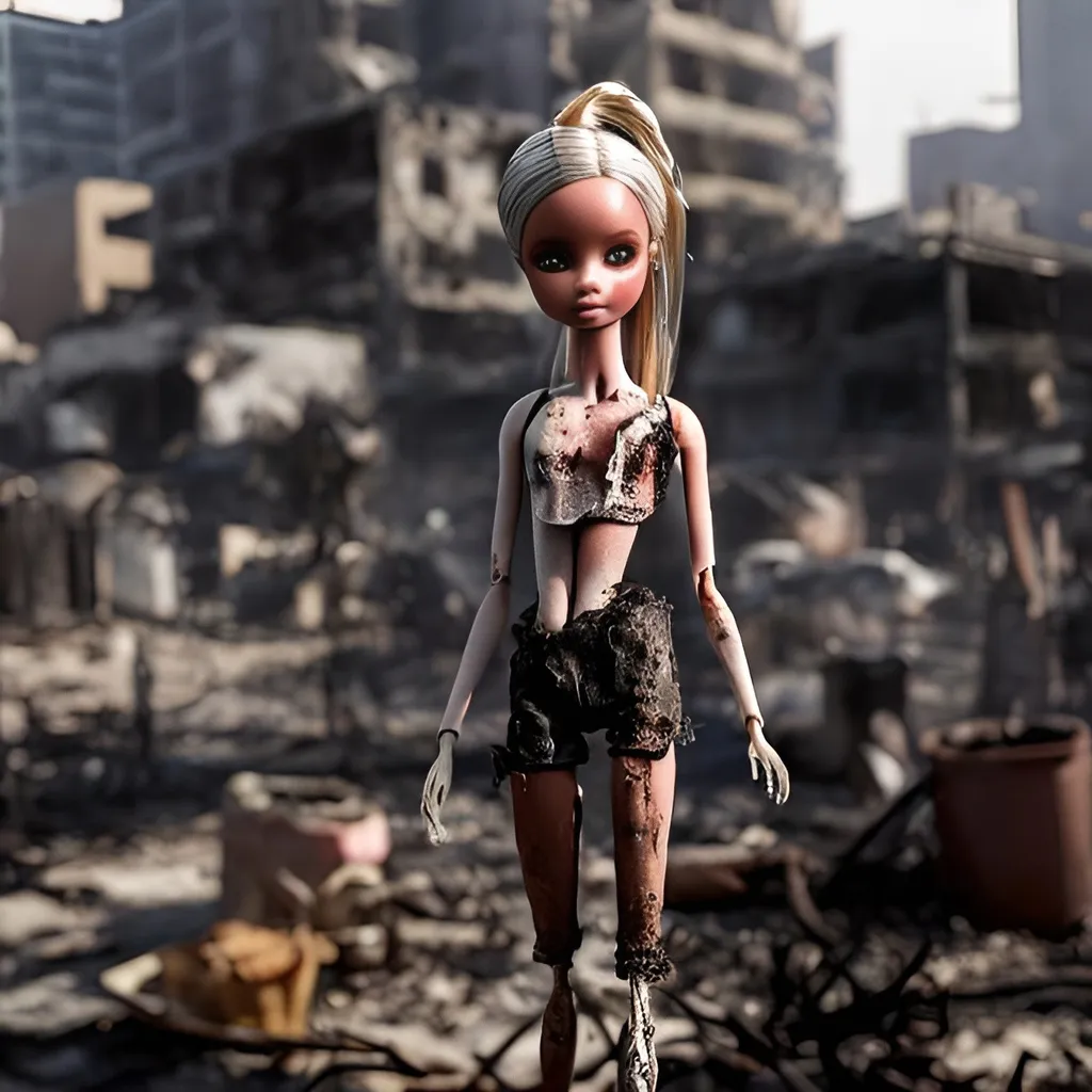 Prompt: A burned and charred White Barbie Doll with tattered clothing standing within a burning city.