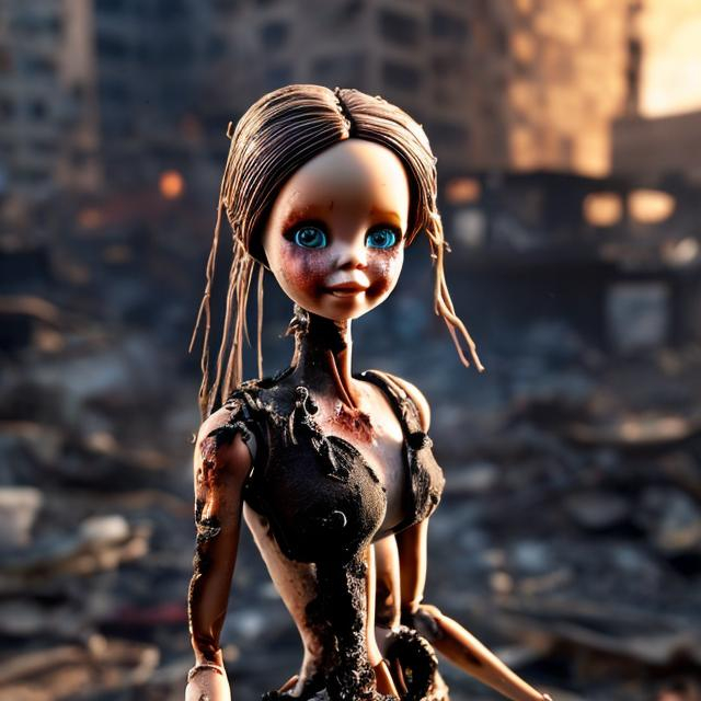 Prompt: A burned and charred White Barbie Doll with tattered clothing standing within a burning city.