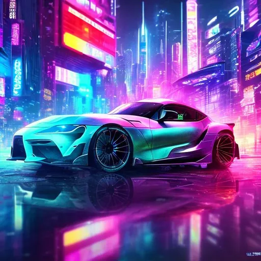 Prompt: 2077 Toyota Supra MK8 in a cyberpunk style