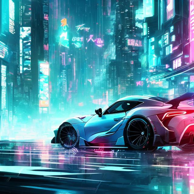 Prompt: 2077 Toyota Supra MK8 in a cyberpunk style