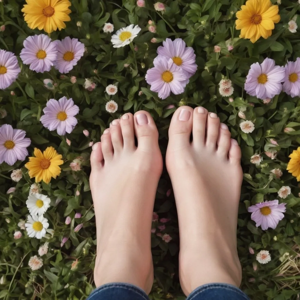 Prompt: Close up of photo-realistic feet in a field of flowers