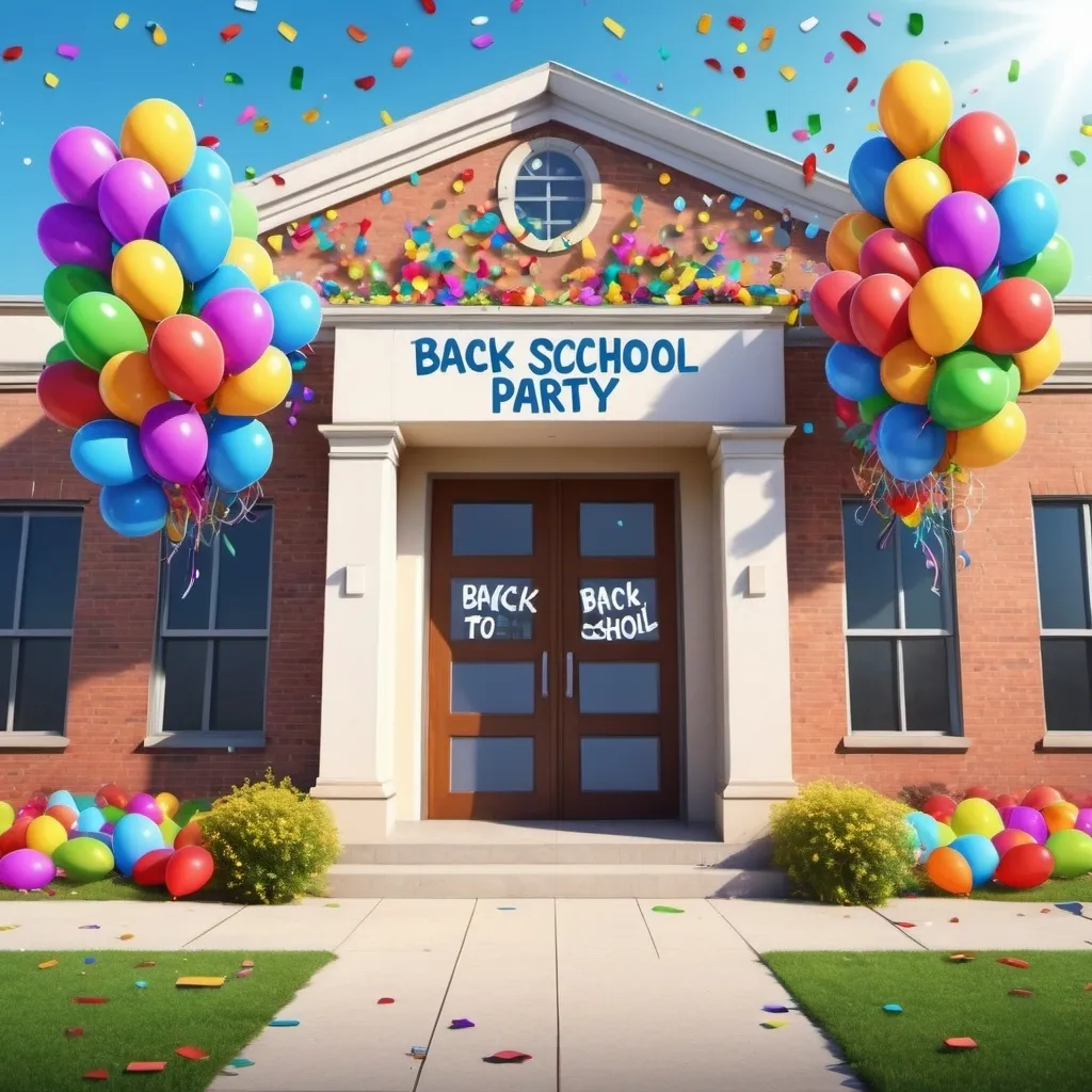 Prompt: a sharp realistic image of school building with double front doors both open with confetti and balloons flying out of door with big words saying Back To School Party with great landscape around building