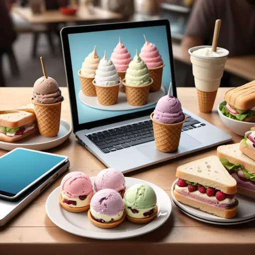 Prompt: realistic image of homemade ice cream surrounded by deli style sandwiches with a cell phone, laptop and tablet also near by