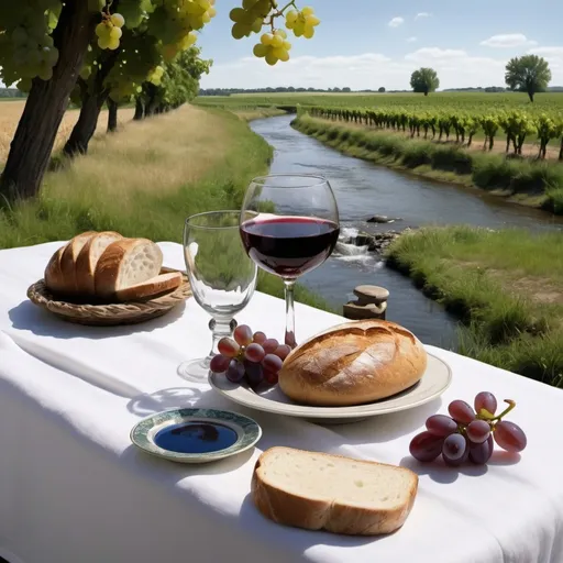 Prompt: create a life like realistic image of a table in front of a narrow stream and on that table is a round of bread, some grapes, a goblet with grape juice in it all sitting on white linen with dove flying in a blue sky