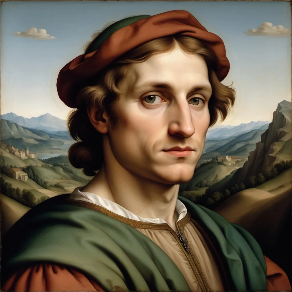 Prompt: A painted portrait of a man in the style of Italian Renaissance painter Raphael with mountains in the background. smooth skin, less details, simple with little shadow