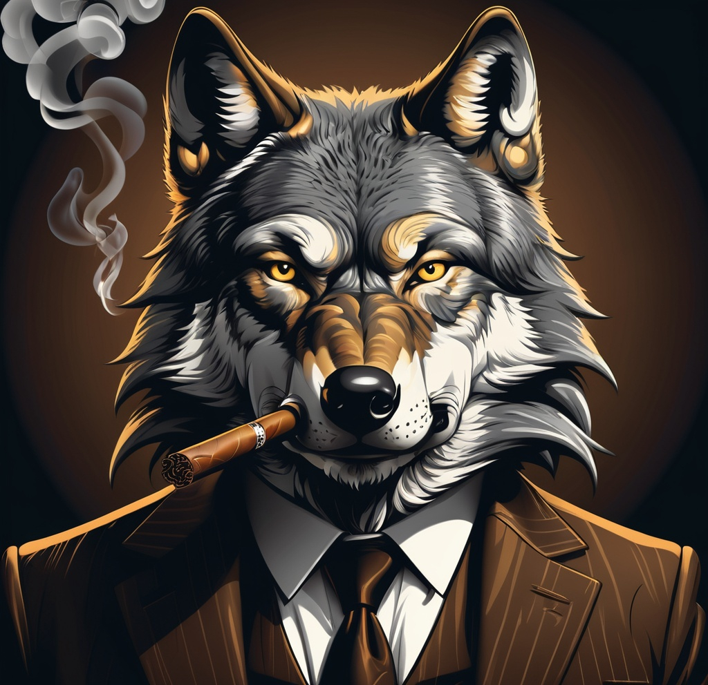 Prompt: Vector Boss Wolf smokes a cigar drawn in black and white