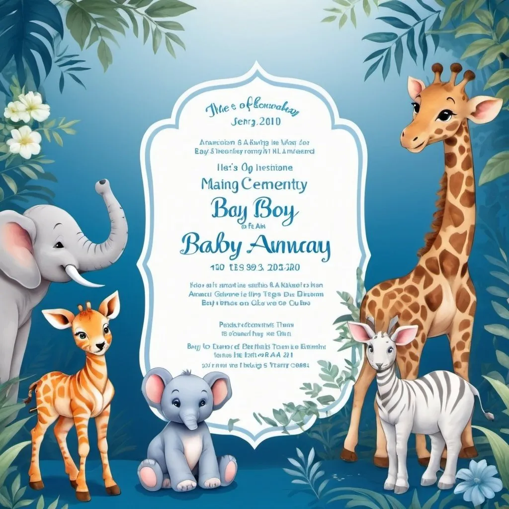Prompt: An invitation for a making ceremony for a baby boy.
The background has to be shades of blue and white and should feature a number of baby animals such as cubs of deer , rabbit, giraffe, tiger and elephant. The theme is based on jungle