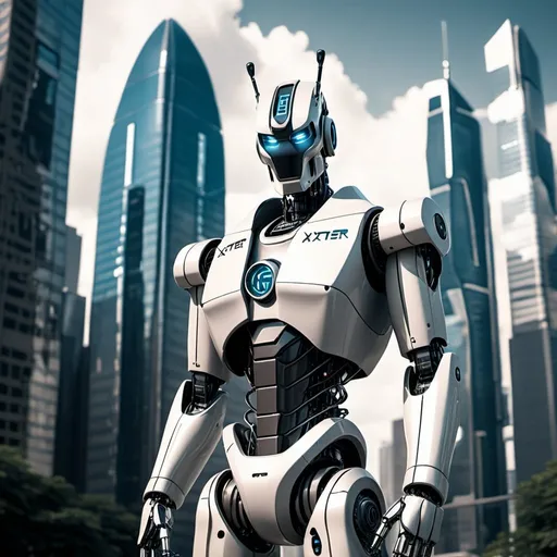 Prompt: "In a futuristic cityscape, a sleek and advanced robot stands against a backdrop of towering skyscrapers. On its metallic surface, the letters 'XTER' are prominently displayed, indicating its unique identity or purpose. Focus on ‘XTER’
