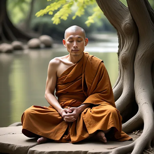 Prompt:  create a serene and wise monks setting cross-legged in a peaceful natural setting perhaps by calm river or under large ancient tree the monk should have a gentle smile radiating calmness and wisdom his robes to simple and soft earth tones with a cell aura like around him symbolizing enlightenment the background should be slightly blurred focusing in the monk's face and expression capturing the essence of mindfulness and in a piece and overall color palette should be warm and coming with natural green browns and soft golden lights