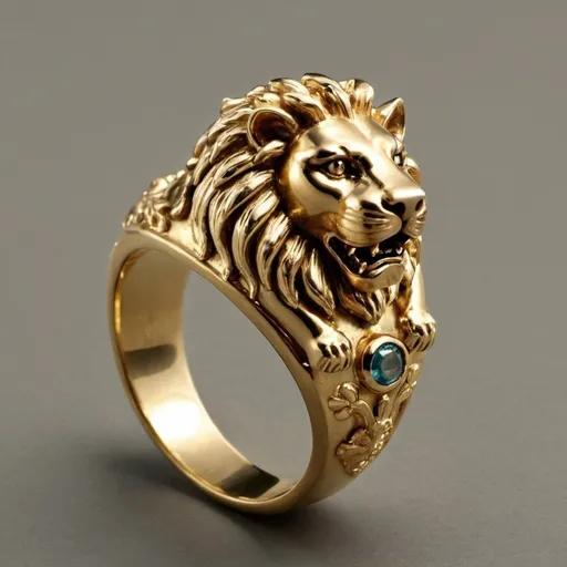 Prompt: I want a gold ring with no gemstone, where the band has seven small gold lions, and the center piece is also a lion.