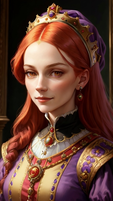 Prompt: Tudor era portrait of a female, historically accurate crown, red hair, furrowed eyebrows, fake smile, detailed dress, regal pose, oil painting, high detailed, historical art, realistic, subdued lighting, royal purple and gold tones, focused expression, ornate details