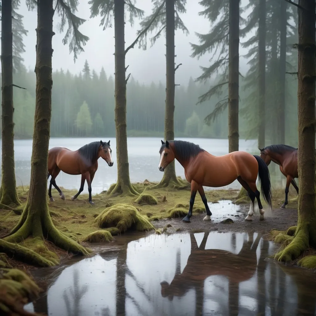 Prompt: Horses walking in a mysterious forest next to a lake, high quality, rain visible from a luxury bedroom floor to ceiling windows. 