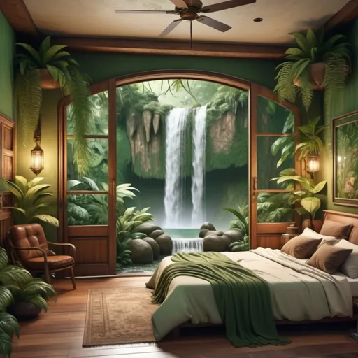Prompt: A green and brown vintage bedroom with big open door to a waterfall in the jungle 