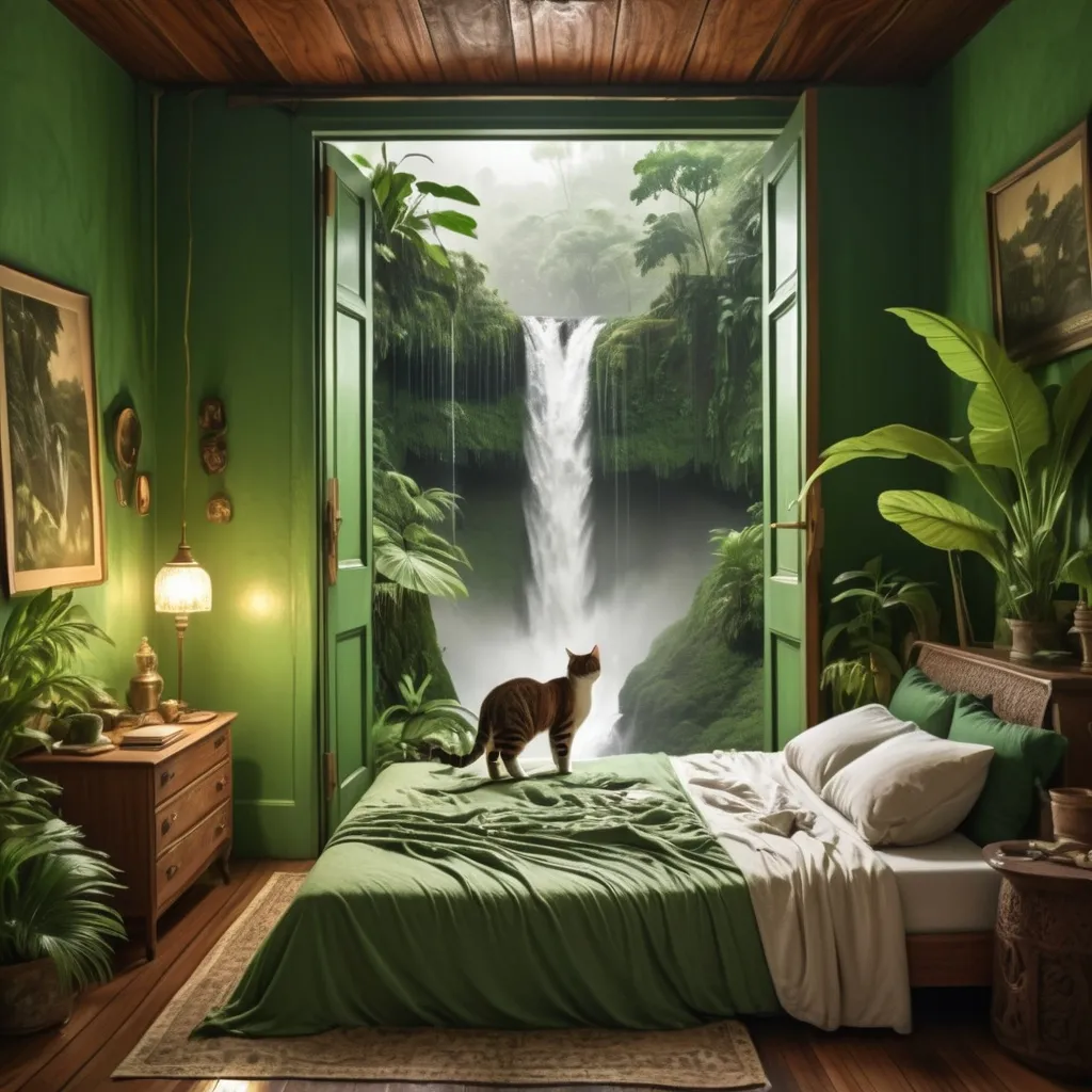 Prompt: A green and brown vintage bedroom with big open door to a waterfall in the jungle with snoring cat on the bed and heavy rainfall