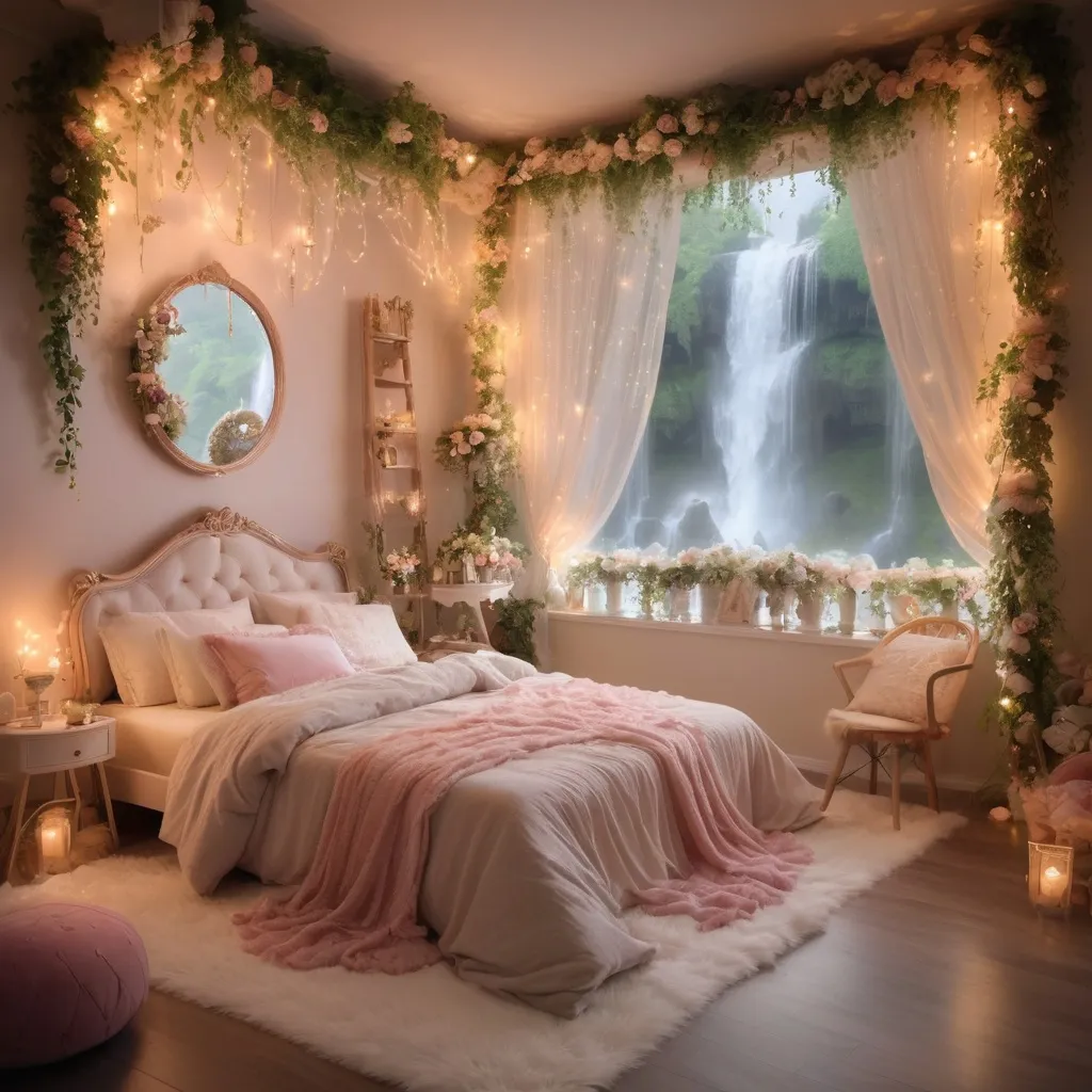Prompt: A magical bedroom with  fairytale decor and a view to waterfall.. 
