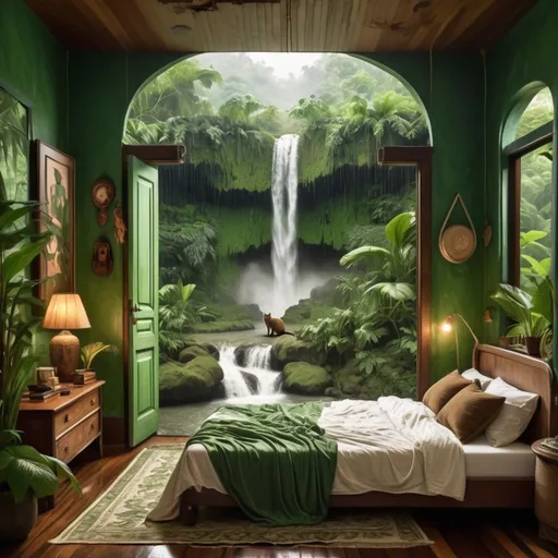 Prompt: A green and brown vintage bedroom with big open door to a waterfall in the jungle with snoring cat on the bed and heavy rainfall