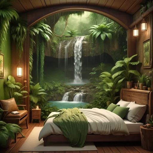 Prompt: A green and brown vintage bedroom with big open door to a waterfall in the jungle with snoring cat on the bed and heavy rainfall