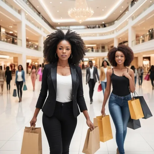 Prompt: create scene of black women shopping in a luxury mall add other multi cultural people in background 