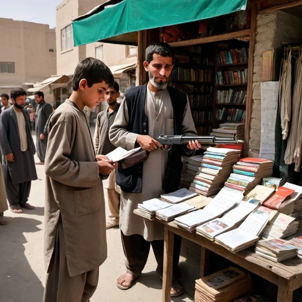 Prompt: Afghan young boy aged 13 reading letter in a tiny bookstore. A tall afghan man with a big gun standing next to him. Outside poor vegetable street vendors are selling