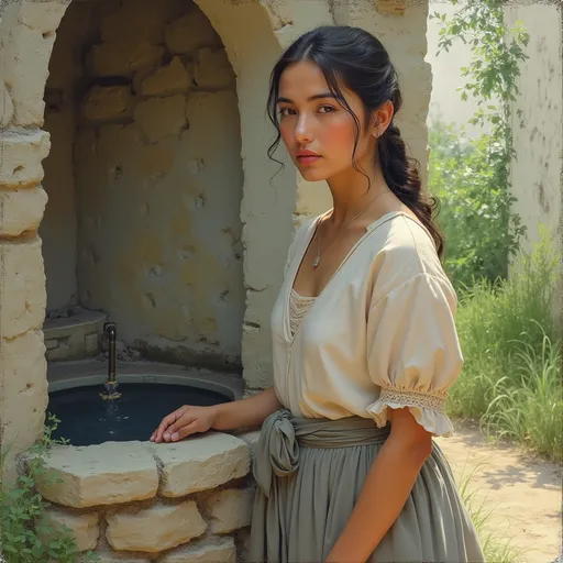 Prompt: "A woman standing beside an old village well, her face calm and serene. She wears traditional clothing, blending naturally into the rustic setting. The background shows an aged stone well, surrounded by soft greenery and gentle light. Rendered in pastel art style with soft, delicate strokes and muted tones, capturing a peaceful, nostalgic rural atmosphere."