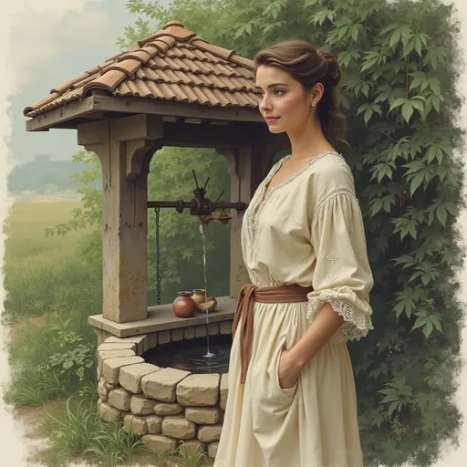 Prompt: "A woman standing beside an old village well, her face calm and serene. She wears traditional clothing, blending naturally into the rustic setting. The background shows an aged stone well, surrounded by soft greenery and gentle light. Rendered in pastel art style with soft, delicate strokes and muted tones, capturing a peaceful, nostalgic rural atmosphere."