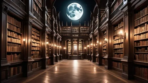 Prompt: a magical library with moonlight, starts, whimsy and dark academia 